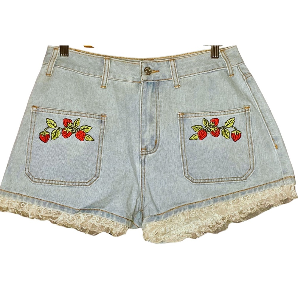 Strawberry Embroidered Lace Trim Shorts